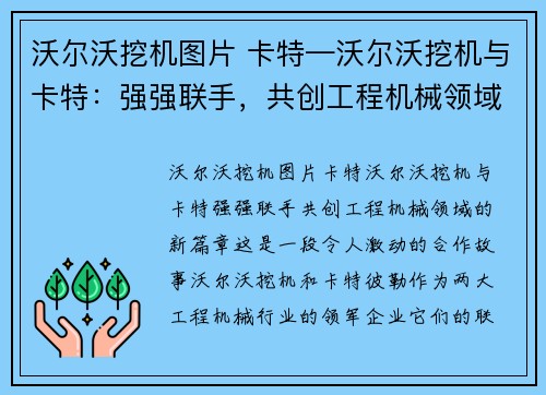 沃尔沃挖机图片 卡特—沃尔沃挖机与卡特：强强联手，共创工程机械领域的新篇章